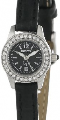 Invicta Women's 13653 Angel Black Dial Crystal Accented Black Leather Watch