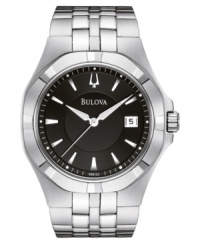 Impressively oversized and built for precision, this fine watch from Bulova is the perfect luxury. Silvertone stainless steel bracelet and round case. Round black dial with date window, logo and stick indices. Quartz movement. Water resistant to 30 meters. Three-year limited warranty. Impressively oversized and built for precision, this fine watch from Bulova is the perfect luxury. Silvertone stainless steel bracelet and round case. Round black dial with date window, logo and stick indices. Quartz movement. Water resistant to 30 meters. Three-year limited warranty.