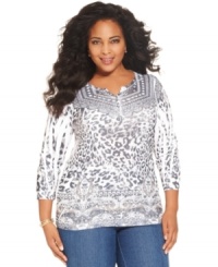 Show off your wild side with Style&co.'s plus size henley top, featuring a sublimated animal-print. Show off your wild side with Style&co.'s plus size henley top, featuring a sublimated animal-print.