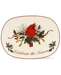 Perfect for serving holiday party snacks, this Lenox Winter Greetings tray combines everything that's beautiful about the season in fine ivory porcelain. With the words, celebrate the season, it also makes a thoughtful gift. Perfect for serving holiday party snacks, this Lenox Winter Greetings tray combines everything that's beautiful about the season in fine ivory porcelain. With the words, celebrate the season, it also makes a thoughtful gift.
