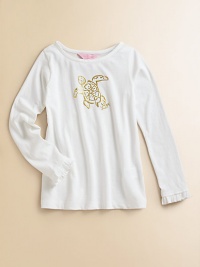 Long-sleeve crewneck with sparkly turtle print on the front, styled with feminine ruffle cuffs. Crewneck Sparkly turtle print Long sleeves with ruffle trim at cuffs Cotton/modal Machine wash Imported Long-sleeve crewneck with sparkly turtle print on the front, styled with feminine ruffle cuffs. Crewneck Sparkly turtle print Long sleeves with ruffle trim at cuffs Cotton/modal Machine wash Imported