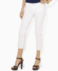 An essential cropped denim jean features a slim, straight leg and a hint of stretch for a versatile, modern look from Lauren Jeans Co. An essential cropped denim jean features a slim, straight leg and a hint of stretch for a versatile, modern look from Lauren Jeans Co.