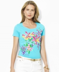 Inspired by the vibrant flora of the tropics, a bold graphic with lustrous sequin embellishments lends an exotic, feminine feel to a basic petite short-sleeved tee from Lauren by Ralph Lauren. Inspired by the vibrant flora of the tropics, a bold graphic with lustrous sequin embellishments lends an exotic, feminine feel to a basic petite short-sleeved tee from Lauren by Ralph Lauren.