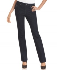 Style&co.'s petite jeans feature a brilliant dark wash, chic pleather trim and a tummy control panel that helps you look your slimmest! Style&co.'s petite jeans feature a brilliant dark wash, chic pleather trim and a tummy control panel that helps you look your slimmest!