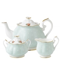 Royal Albert updates a classic in the playfully patterned Polka Rose tea set. Dainty dots mix with Old Country Roses on gold-banded china with dainty ruffled edges and sculpted silhouettes. Royal Albert updates a classic in the playfully patterned Polka Rose tea set. Dainty dots mix with Old Country Roses on gold-banded china with dainty ruffled edges and sculpted silhouettes.