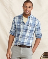 Roll up your sleeves and get to work looking good in this plaid button-front shirt from Tommy Hilfiger. Roll up your sleeves and get to work looking good in this plaid button-front shirt from Tommy Hilfiger.