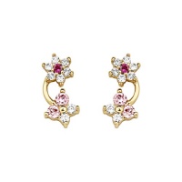 14k Gold Plated Flower & Butterfly Red Pink CZ Children Stud Earrings with Screw-back