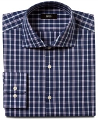 A check you won't mind getting. This crisp, slim-fit shirt from Hugo Boss pays off in your dress wardrobe. A check you won't mind getting. This crisp, slim-fit shirt from Hugo Boss pays off in your dress wardrobe.