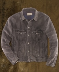 The Bickershaw Denim Jacket offers a striking interpretation of a rugged piece of workwear with natural-looking wear and tear and a faded buffalo check interior. The Bickershaw Denim Jacket offers a striking interpretation of a rugged piece of workwear with natural-looking wear and tear and a faded buffalo check interior.
