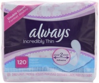 Always Incredibly Thin Regular Daily Liners, wrapped, 120 Count (Pack of 2) Always Incredibly Thin Regular Daily Liners, wrapped, 120 Count (Pack of 2)