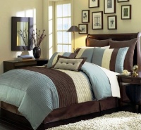 8 Pieces Beige, Blue and Brown Stripe Comforter (104x92) Bed-in-a-bag Set King Size Bedding