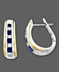 Accessorize with beautiful elegance. Earrings in 14k gold and sterling silver featuring princess-cut sapphire (5/8 ct. t.w.) and diamond accents. Approximate diameter: 1/2 inch. Accessorize with beautiful elegance. Earrings in 14k gold and sterling silver featuring princess-cut sapphire (5/8 ct. t.w.) and diamond accents. Approximate diameter: 1/2 inch.