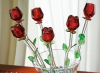 Red Bouquet 6 Glass Roses with Green Leaves Red Bouquet 6 Glass Roses with Green Leaves