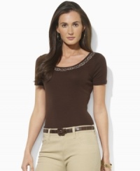 Lauren by Ralph Lauren's timeless short-sleeved tee is rendered in ultra-soft fine-ribbed cotton with an intricately embroidered and beaded scoop neckline for a hint of tribal inspiration. Lauren by Ralph Lauren's timeless short-sleeved tee is rendered in ultra-soft fine-ribbed cotton with an intricately embroidered and beaded scoop neckline for a hint of tribal inspiration.