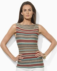 A lightweight knit linen shirt is crafted with a vibrant striped pattern and a chic boat neckline. A lightweight knit linen shirt is crafted with a vibrant striped pattern and a chic boat neckline.
