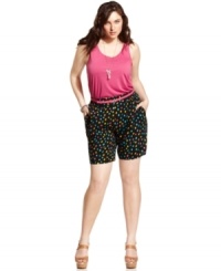 Play up a colorful top with these plus size polka-dot shorts from American Rag. A smocked elastic waist means a great fit and the fun print is so on-target for the season! Play up a colorful top with these plus size polka-dot shorts from American Rag. A smocked elastic waist means a great fit and the fun print is so on-target for the season!