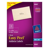 Avery Easy Peel Address Labels for Inkjet Printers, 1 x 2.625 Inches, Clear, Pack of 750 (08660) Avery Easy Peel Address Labels for Inkjet Printers, 1 x 2.625 Inches, Clear, Pack of 750 (08660)
