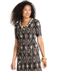 Warm up the season in this striking JM Collection top, featuring a beaded neckline and tribal-inspired diamond print. Create an eye-catching ensemble with the matching skirt! Warm up the season in this striking JM Collection top, featuring a beaded neckline and tribal-inspired diamond print. Create an eye-catching ensemble with the matching skirt!