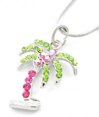 Gorgeous Colorful Green, Light and Dark Pink Crystal Palm Tree Pendant Necklace - Silver tone Gorgeous Colorful Green, Light and Dark Pink Crystal Palm Tree Pendant Necklace - Silver tone
