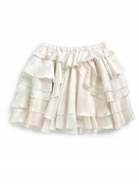 THE LOOKPastel brushstrokes with silvery streaks throughoutElastic waistbandGolden metal logoVoluminous, asymmetrical rufflesTHE MATERIAL50% cotton/50% silkCARE & ORIGINDry cleanImported THE LOOKPastel brushstrokes with silvery streaks throughoutElastic waistbandGolden metal logoVoluminous, asymmetrical rufflesTHE MATERIAL50% cotton/50% silkCARE & ORIGINDry cleanImported