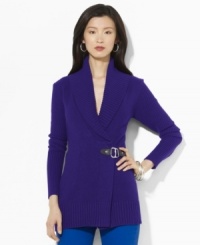 Infused with chic heritage style, Lauren Ralph Lauren's essential cardigan is elegantly knit in a soft cotton blend with an equestrian-inspired buckle and a classic shawl collar. Infused with chic heritage style, Lauren Ralph Lauren's essential cardigan is elegantly knit in a soft cotton blend with an equestrian-inspired buckle and a classic shawl collar.