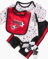 This bodysuit, pants, bib and sock set by Cutie Pie will have your little rockstar moving and grooving in adorable style. This bodysuit, pants, bib and sock set by Cutie Pie will have your little rockstar moving and grooving in adorable style.