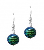DreamGlass Sterling Silver and Dichroic Glass Single Green on Black Bead Earrings