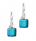 DreamGlass Sterling Silver and Dichroic Glass Blue Box-Shaped Bead Earrings