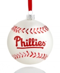 Bring year-round cheer to Philadelphia with the MLB baseball ornament from Kurt Adler. It's a guaranteed hit with Phillies fans in red and white glass. Bring year-round cheer to Philadelphia with the MLB baseball ornament from Kurt Adler. It's a guaranteed hit with Phillies fans in red and white glass.