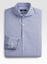 Woven cotton dress shirt in a sharp, check print pattern with a spread collar.Button-frontSpread collarCottonMachine washImported