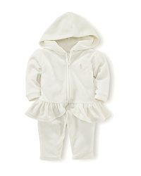 Coordinating is easy when it comes to this adorable matching velour set including a top adorned with a pretty ruffled hem and long puffed sleeves and a matching pant. Coordinating is easy when it comes to this adorable matching velour set including a top adorned with a pretty ruffled hem and long puffed sleeves and a matching pant.