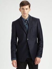 A brilliant jacket made from virgin wool with a hint of sheen.Notched collarTwo-button frontPatch pocketsFully linedAbout 29 from shoulder to hemVirgin woolDry cleanImported A brilliant jacket made from virgin wool with a hint of sheen.Notched collarTwo-button frontPatch pocketsFully linedAbout 29 from shoulder to hemVirgin woolDry cleanImported