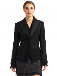 THE LOOKSatin trimmed, peaked lapelConcealed snap closureTopstitched seamsScalloped knit felts into the wool blend bodyTHE FITAbout 23 from shoulder to hemTHE MATERIAL65% wool/33% polyester/2% elastaneSecond fabric: silkFully linedCARE & ORIGINDry cleanMade in ItalyModel shown is 5'10 (177cm) wearing US size 4. THE LOOKSatin trimmed, peaked lapelConcealed snap closureTopstitched seamsScalloped knit felts into the wool blend bodyTHE FITAbout 23 from shoulder to hemTHE MATERIAL65% wool/33% polyester/2% elastaneSecond fabric: silkFully linedCARE & ORIGINDry cleanMade in ItalyModel shown is 5'10 (177cm) wearing US size 4.