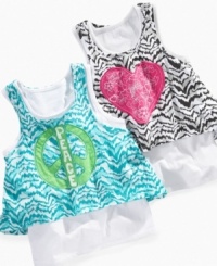 Happy harmony. Bold colors and fun graphics on these tanks from So Jenni will bring a burst of brightness to her summer. Happy harmony. Bold colors and fun graphics on these tanks from So Jenni will bring a burst of brightness to her summer.