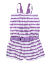 A warm-weather-ready romper is crafted from soft striped terrycloth and features a matching belt and signature pony embroidery. A warm-weather-ready romper is crafted from soft striped terrycloth and features a matching belt and signature pony embroidery.