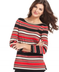 Shine in metallic stripes with Jones New York Signature's weekend-ready sweater. Shine in metallic stripes with Jones New York Signature's weekend-ready sweater.
