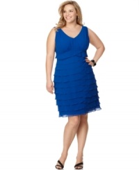 Sheer, crisscrossing tiers of chiffon through the skirt of this plus size Jones New York dress make an elegant and flattering silhouette. A perfect dress for a wedding guest or a formal party! (Clearance) Sheer, crisscrossing tiers of chiffon through the skirt of this plus size Jones New York dress make an elegant and flattering silhouette. A perfect dress for a wedding guest or a formal party! (Clearance)