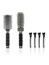 Expert designed hair dryer accessories to create brilliant shine and body. Set includes:Vent brush for detangling hair Barrel brush retains heat and creates tension to shape and shine hair Four sectioning clips Expert designed hair dryer accessories to create brilliant shine and body. Set includes:Vent brush for detangling hair Barrel brush retains heat and creates tension to shape and shine hair Four sectioning clips