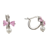 Sterling Silver Pink CZ White Pearl Butterfly Pierced Drop Earrings Sterling Silver Pink CZ White Pearl Butterfly Pierced Drop Earrings