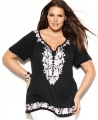 Prettify your casual style with INC's short sleeve plus size peasant top, highlighted by embellished embroidery. Prettify your casual style with INC's short sleeve plus size peasant top, highlighted by embellished embroidery.