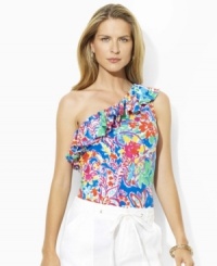 Bright and breezy in a vibrant print, this flirty Lauren by Ralph Lauren top is rendered in light-as-air tissue cotton in an alluring one-shoulder silhouette. Bright and breezy in a vibrant print, this flirty Lauren by Ralph Lauren top is rendered in light-as-air tissue cotton in an alluring one-shoulder silhouette.