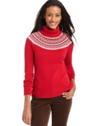 Charter Club's chic sweater features a bright color and Fair Isle knit at the shoulders and chest for a fall-ready look! Charter Club's chic sweater features a bright color and Fair Isle knit at the shoulders and chest for a fall-ready look!