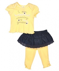 GUESS Tee and Skirt with Leggings Set, YELLOW (6/9M)