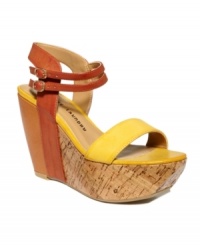 Block off boring style with Chinese Laundry's Go Getter wedge sandals with a 4-1/4 wedge and pops of color at the toes, ankles and heels. Block off boring style with Chinese Laundry's Go Getter wedge sandals with a 4-1/4 wedge and pops of color at the toes, ankles and heels.