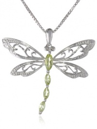 Sterling Silver Marquise Shaped Gemstone and Diamond Dragonfly Pendant Necklace (0.01 cttw, I-J Color, I1-I2 Clarity), 18
