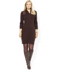 Crafted with a faux suede patch at the shoulder, Lauren Ralph Lauren's soft ribbed plus size cotton dress is steeped in heritage inspiration. Crafted with a faux suede patch at the shoulder, Lauren Ralph Lauren's soft ribbed plus size cotton dress is steeped in heritage inspiration.