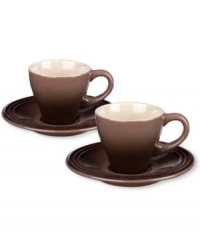 Crafted for durability and ease of use but with a brilliant enamel finish to redefine the table, Le Creuset espresso cup and saucer sets lend smart, enduring style to an afternoon or after-dinner treat. Crafted for durability and ease of use but with a brilliant enamel finish to redefine the table, Le Creuset espresso cup and saucer sets lend smart, enduring style to an afternoon or after-dinner treat.