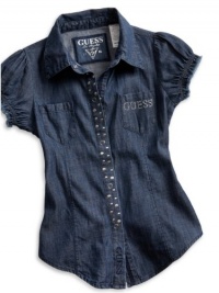 GUESS Kids Girls Big Girl Woven Top with Mixed Rivets, DARK DENIM RINSE (10/12) GUESS Kids Girls Big Girl Woven Top with Mixed Rivets, DARK DENIM RINSE (10/12)