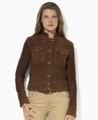 The styling of Lauren by Ralph Lauren's denim jacket is given a luxurious update, crafted in supple suede to create an elegant wardrobe essential. The styling of Lauren by Ralph Lauren's denim jacket is given a luxurious update, crafted in supple suede to create an elegant wardrobe essential.