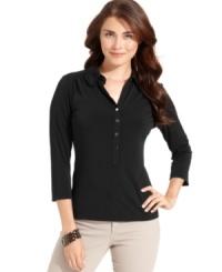 Alfani's preppy petite polo gets a brilliant update! Pair with classic black pants and minimalistic accessories for a complete look. Alfani's preppy petite polo gets a brilliant update! Pair with classic black pants and minimalistic accessories for a complete look.